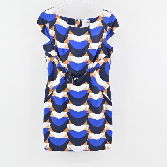 MILLY‎ Mini Sheath Dress Size 10 Blue Geometric Print Cotton Boat Neck Retro USA - Picture 2 of 12